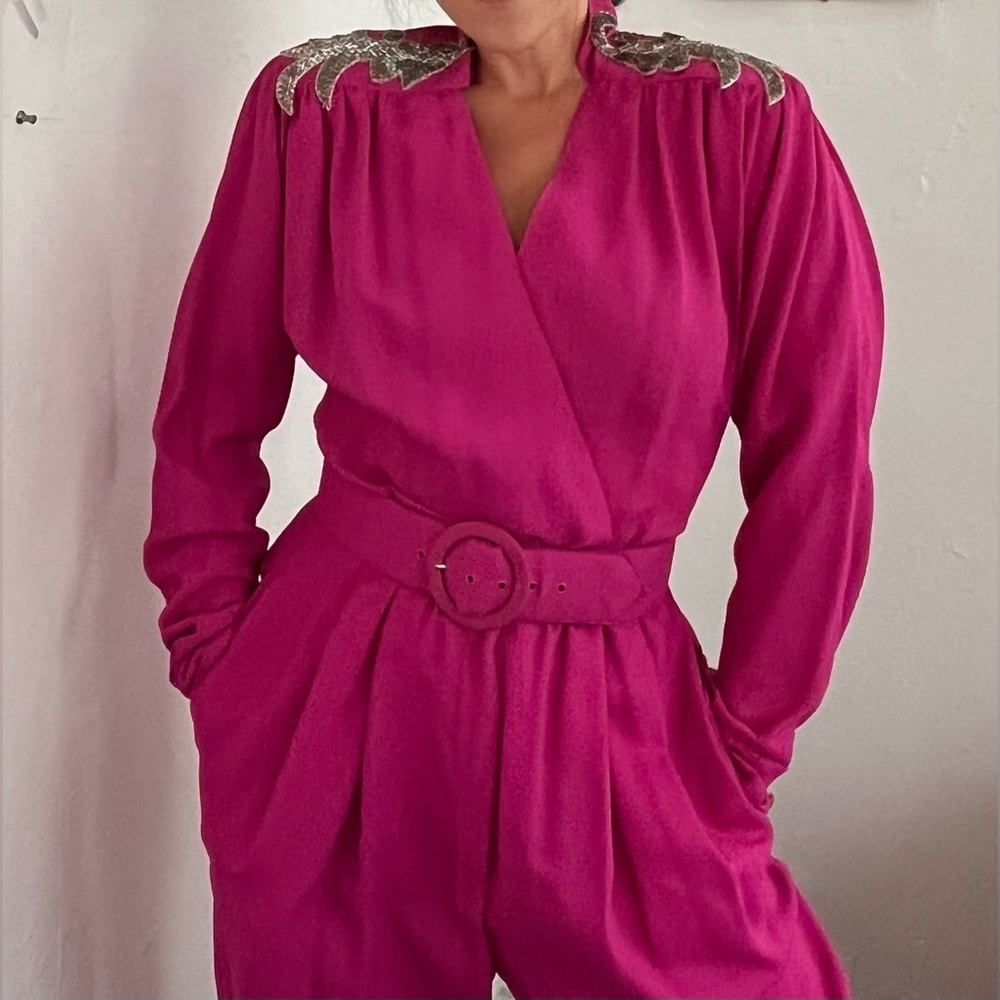 Vintage 80s/90s Fanfare Hot Pink Jumpsuit with sequin shoulders